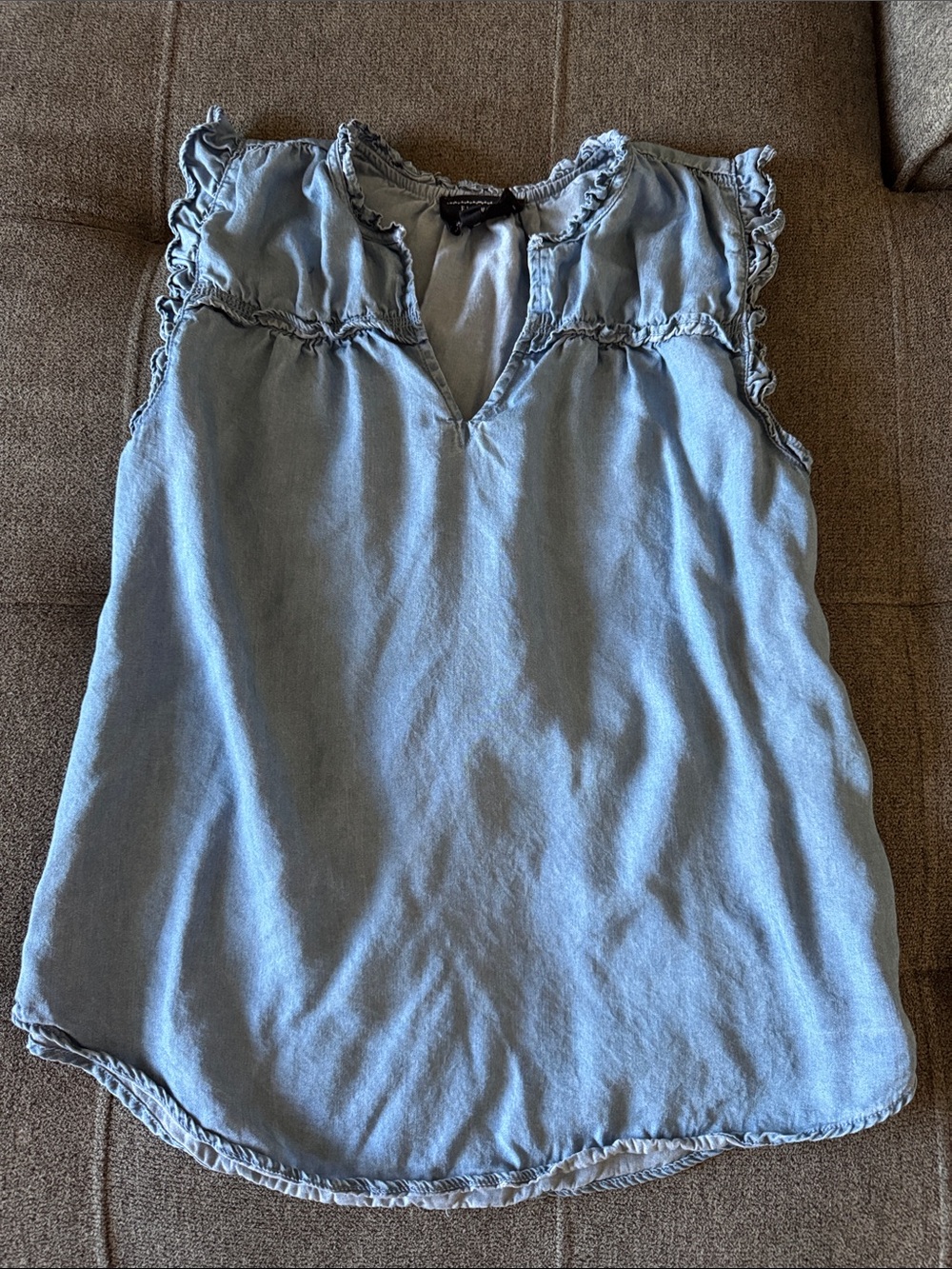 Light Denim Ruffle Sleeve Women's Top - Casual V-Neck